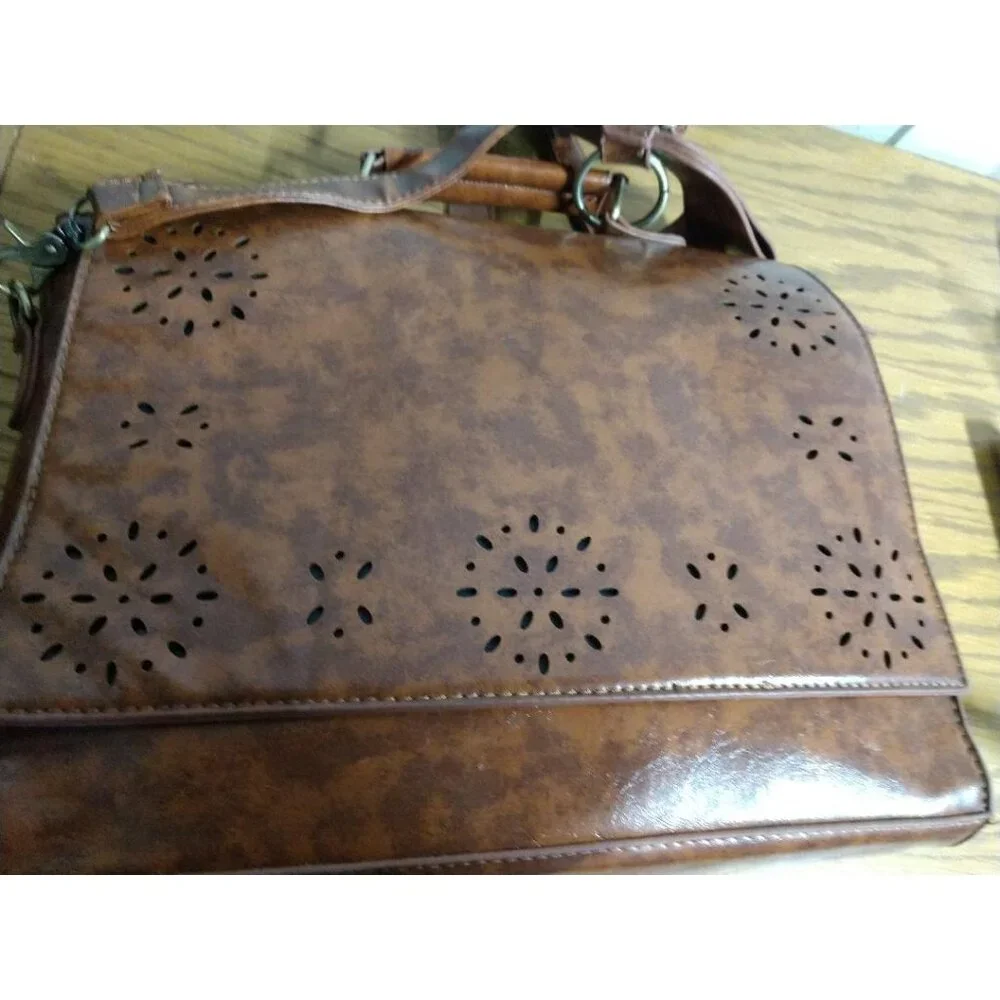 Vintage-Inspired Brown Crossbody Satchel Bag Computer Bag W/Bow Accent Ecosusi